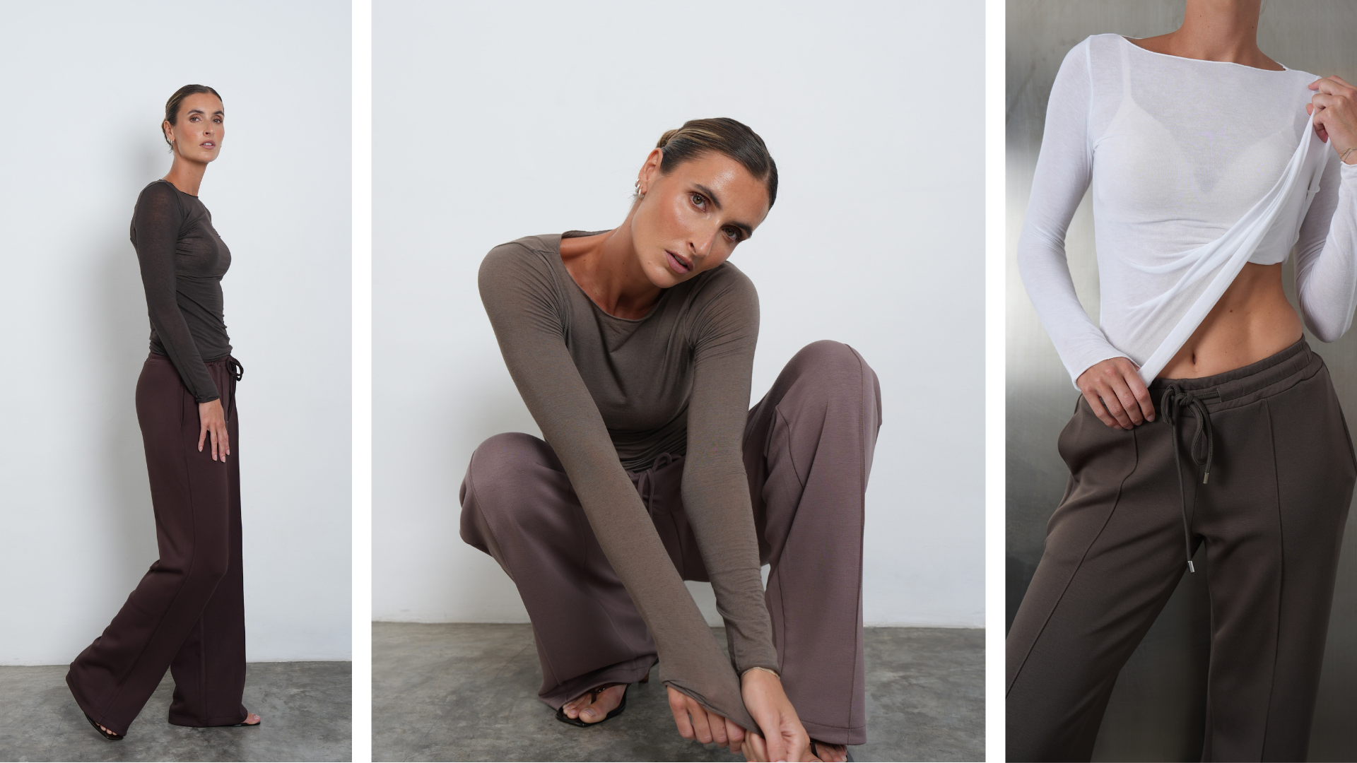 Taupefarbenes Cashmere Langarmshirt und weite Jogginghose in Taupe mit sichtbarer Bundfalte, kniende Poseslider_item_7XtamB